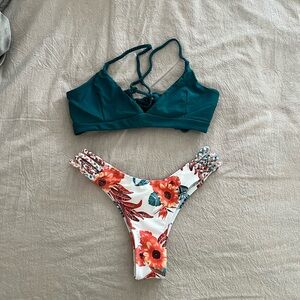 Zaful Floral Bikini Set Teal White Orange Tropical Swim Pool Beach Vacation Sexy